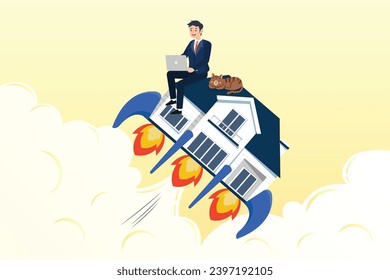 Productive man worker using computer laptop on flying house with rocket booster, boost productivity working from home, motivation to increase efficiency working at home in COVID-19 lock down (Vector)