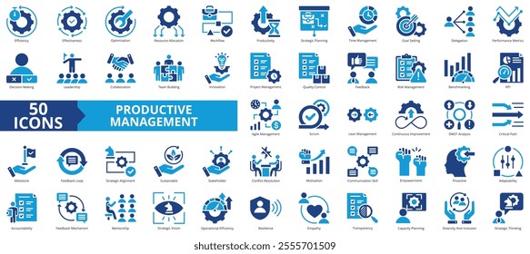 Productive management icon collection set. Containing efficiency, effectiveness, optimization, resource allocation, workflow, productivity icon. Simple flat vector.