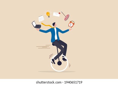 Productive master, productivity and project management skill, multitasking work and time management concept, skillful businessman riding unicycle juggling elements, laptop, calendar, ideas and emails.