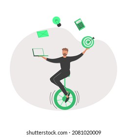 Productive master, productivity and project management skill, multitasking work and time management concept, skillful businessman riding unicycle juggling elements, laptop, calendar, ideas and emails.