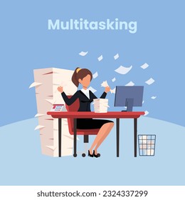 Productive master, productivity and project management skill, multitasking work and time management concept, skillful businessman juggling elements, laptop, calendar, ideas