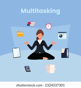Productive master, productivity and project management skill, multitasking work and time management concept, skillful businessman juggling elements, laptop, calendar, ideas