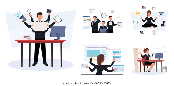 Productive master, productivity and project management skill, multitasking work and time management concept, skillful businessman juggling elements, laptop, calendar, ideas