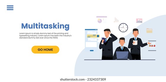 Productive master, productivity and project management skill, multitasking work and time management concept, skillful businessman juggling elements, laptop, calendar, ideas
