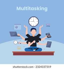 Productive master, productivity and project management skill, multitasking work and time management concept, skillful businessman juggling elements, laptop, calendar, ideas