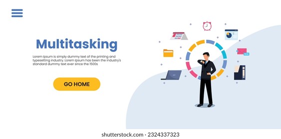 Productive master, productivity and project management skill, multitasking work and time management concept, skillful businessman juggling elements, laptop, calendar, ideas