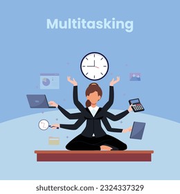 Productive master, productivity and project management skill, multitasking work and time management concept, skillful businessman juggling elements, laptop, calendar, ideas
