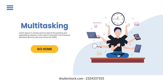 Productive master, productivity and project management skill, multitasking work and time management concept, skillful businessman juggling elements, laptop, calendar, ideas
