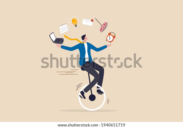 Productive master, productivity and project\
management skill, multitasking work and time management concept,\
skillful businessman riding unicycle juggling elements, laptop,\
calendar, ideas and\
emails.