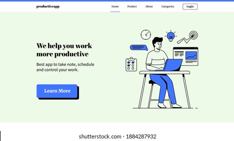 productive men work on laptop task board time idea target campaign for web website home homepage landing page template banner flyer with outline style