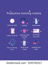 Productive morning routine ideas with workout icon, clock icon, water, to-do list, healthy routine tutorial 