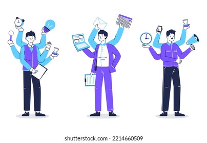 Productive, multitasking business people. Professional office workers doing many things simultaneously, multitasking characters flat vector illustration collection. Busy business people set