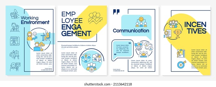 Productive office environment blue and yellow brochure template. Leaflet design with linear icons. 4 vector layouts for presentation, annual reports. Questrial, Lato-Regular fonts used
