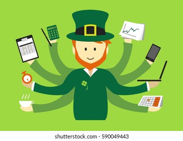 A productive office Irish man with productivity tools in his hands for St. Patrick's Day