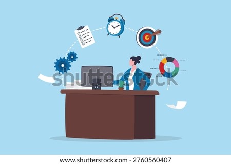Productive office, professional employee with efficiency working tools, strategy or schedule planning, routine or productive activities, businesswoman working at office desk with productivity tools.