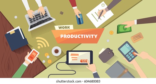 Productive Office Workplace. Productivity Business Strategy Flat Illustration.