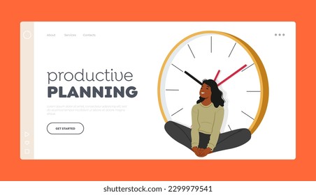 Productive Planning Landing Page Template. Smiling Woman Seated Beside Oversized Watches, Appears Joyful And Content, Female Character Enjoying Time. Cartoon People Vector Illustration
