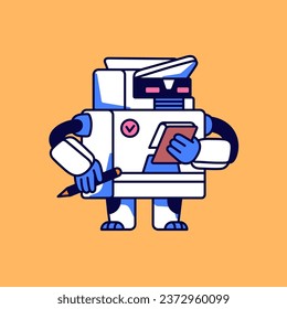 Productive robot take notes: ideas, tasks. AI technology make strategy, planning time. Computer work in management, process optimization. Online planner for business. Flat isolated vector illustration