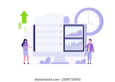 Productive software, time tracking and effective working app. Vector illustration.