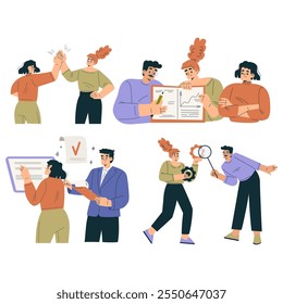 Productive Team with Business Man and Woman Work Together Vector Set