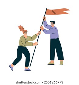 Productive Team with Business Man and Woman with Flag Work Together Vector Illustration