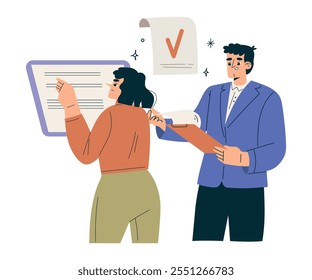 Productive Team with Business Man and Woman with Clipboard Work Together Vector Illustration