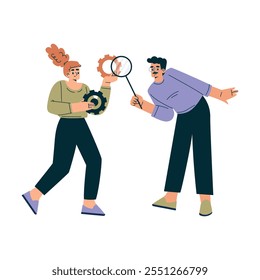 Productive Team with Business Man and Woman with Magnifier and Cogwheel Work Together Vector Illustration