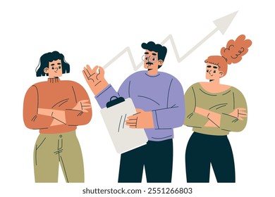 Productive Team with Business Man and Woman at Growing Chart Work Together Vector Illustration