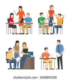 Productive teamwork on fresh startups set. People work at table with modern devices on new project. Business startup creative vector illustrations.