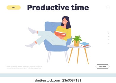 Concepto de tiempo productivo para la plantilla de diseño de la página de aterrizaje con una mujer feliz disfrutando del libro de lectura