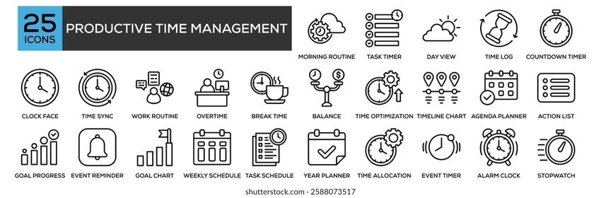 Productive Time Management icon collection set. Containing design Morning Routine, Task Timer, Day View, Time Log, Countdown Timer