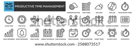 Productive Time Management icon collection set. Containing design Morning Routine, Task Timer, Day View, Time Log, Countdown Timer