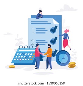 Productive time management Vector illustration.for web banner, infographics, mobile website. Landing page template. checklist, clock, business people, calendar.