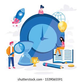 Productive time management Vector illustration.for web banner, infographics, mobile website. Landing page template. Clock, business people, book, rocket