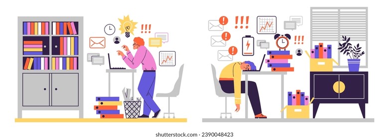 Productive and tired employee comparison, flat vector illustration isolated on white background. Burned out worker lying on table, excited employee working. Workaholic concept.