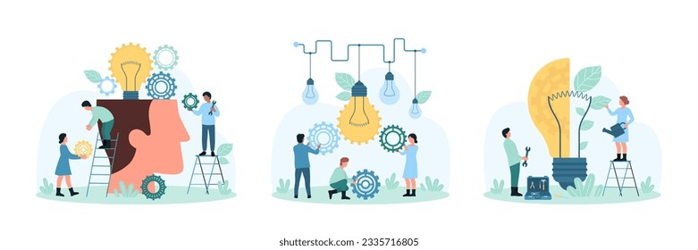 Productive training, development of sustainable projects set vector illustration. Cartoon tiny people teach effective smart and green solutions, improve skills, learning mind process of employee