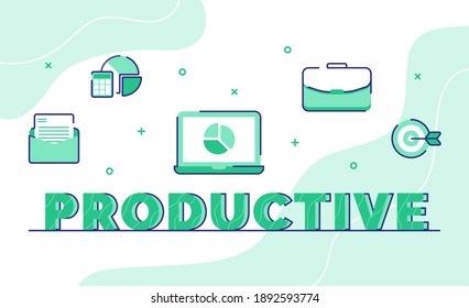 productive typography word art background of icon email letter calculator laptop chart suitcase target with outline style