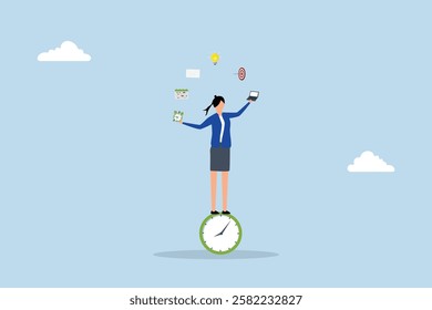 Productive woman, productive business woman balance on clock managing multitasks