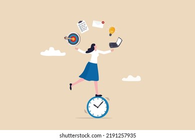 Productive woman, multitasking or time management professional, productivity or entrepreneurship, work efficiency or organize schedule, productive business woman balance on clock managing multitasks. - Shutterstock ID 2191257935