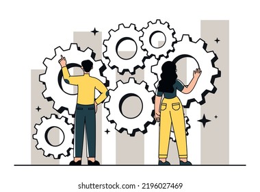 Productive work concept. Man and woman next to gears. Partners and colleagues, cooperation and collaboration, employees. Metaphor for efficient workflow, optimization. Cartoon flat vector