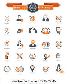 Productive at work icons on white background,orange series,clean vector