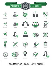 Productive at work icons on white background,green series,clean vector