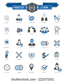 Productive at work icons on white background,blue series,clean vector