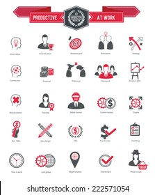 Productive at work icons on white background,red series,clean vector