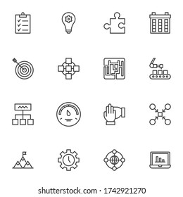 Productive work line icons set, outline vector symbol collection, linear style pictogram pack. Signs, logo illustration. Set includes icons as concentration, task list, idea inspiration, time control