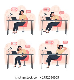 Productive worker and tired worker, productivity during the working day, stress or burnout
