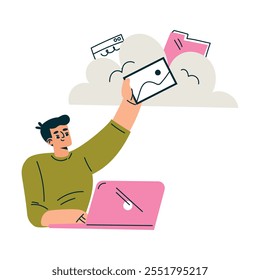 Fluxo de trabalho produtivo com homem na loja de laptop Documento na nuvem Gerenciando a ilustração do vetor de tarefas