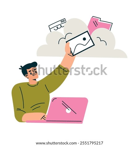Productive Workflow with Man at Laptop Store Document in Cloud Managing Task Vector Illustration