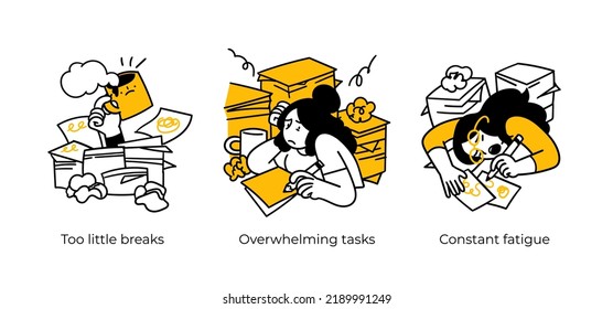 Productive Workflow Organization - abstract business concept illustrations. Too little breaks, Overwhelming tasks, Constant fatigue. Visual stories collection