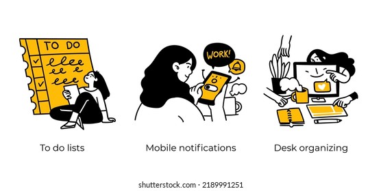 Productive Workflow Organization - abstract business concept illustrations. To-do lists, Mobile notifications, Desk organizing. Visual stories collection